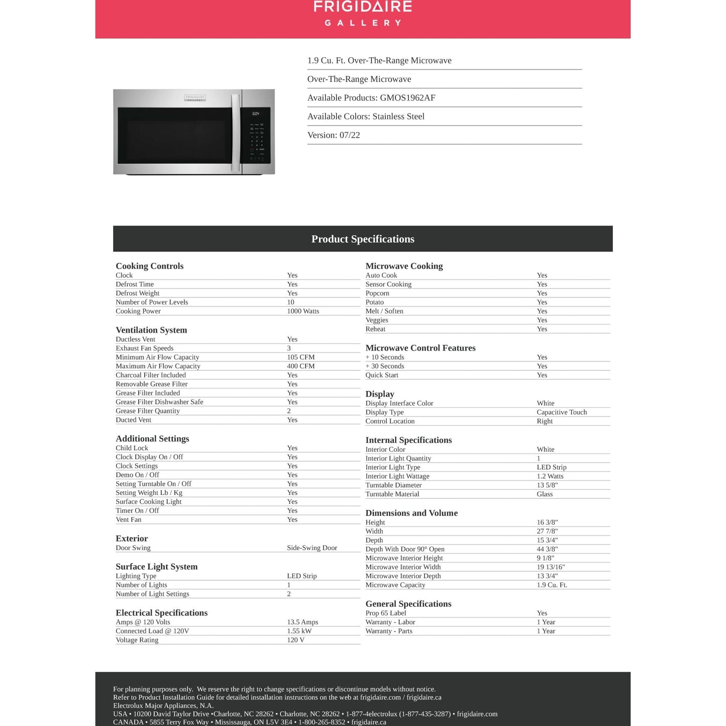 Micro-ondes Frigidaire Gallery OTR (GMOS1962AF) - Acier inoxydable