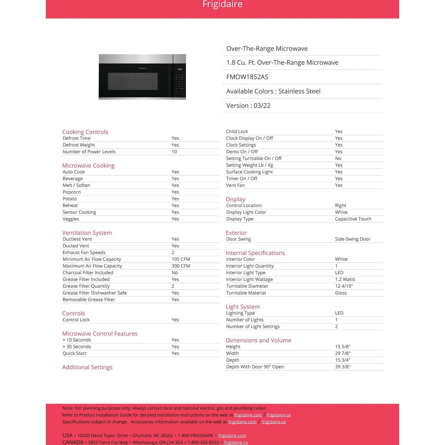 Micro-ondes Frigidaire à hotte intégrée (FMOW1852AS) - Acier inoxydable