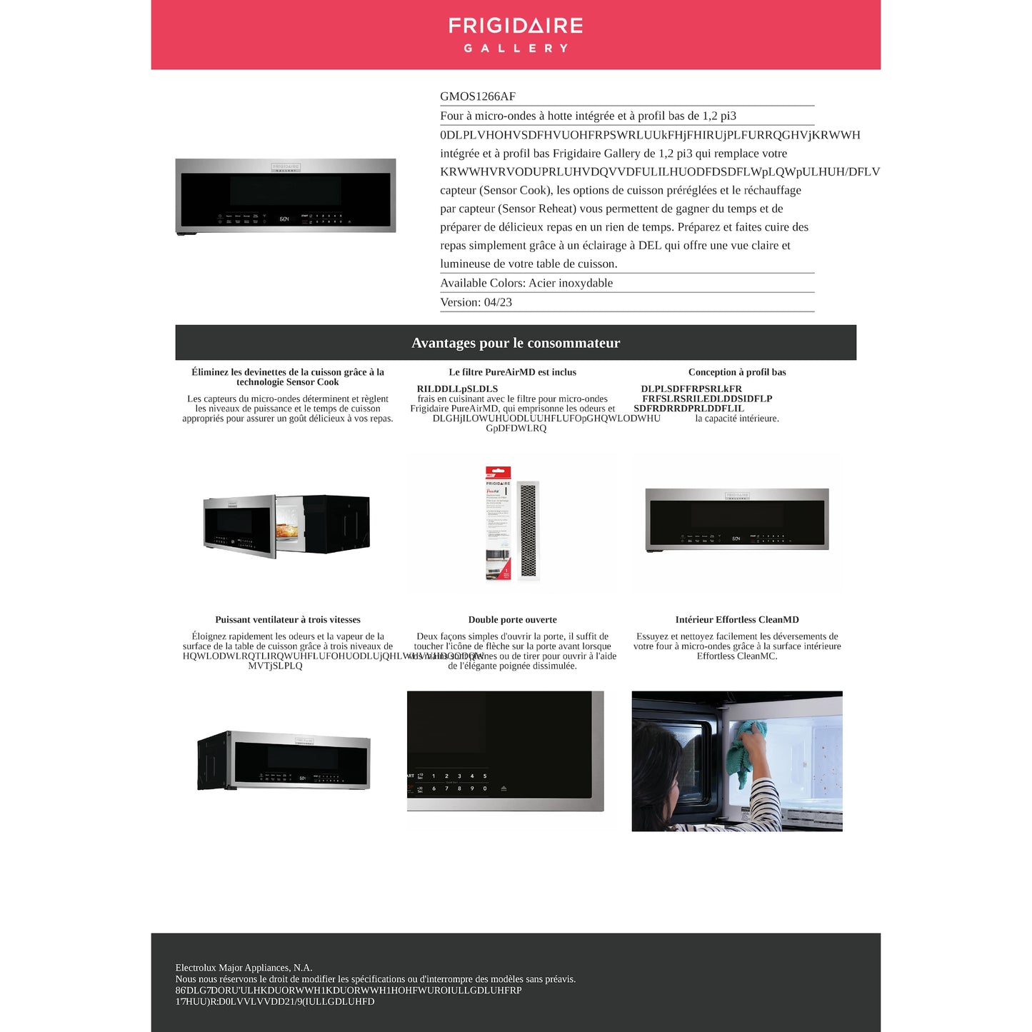 Micro-ondes Frigidaire Gallery OTR (GMOS1266AF) - Acier inoxydable anti-traces