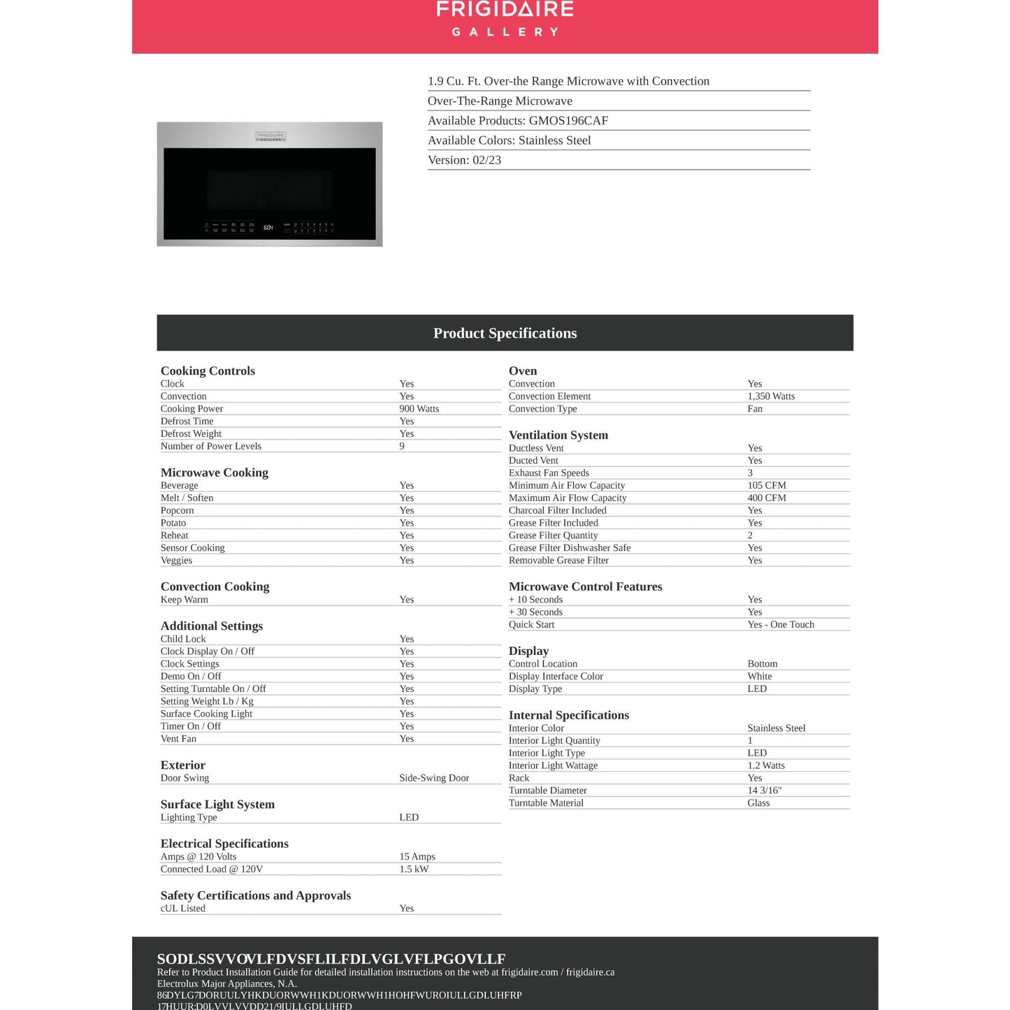 Micro-ondes Frigidaire Gallery OTR (GMOS196CAF) - Acier inoxydable anti-traces