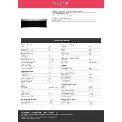 Micro-ondes Frigidaire Gallery OTR (GMOS1266AF) - Acier inoxydable anti-traces