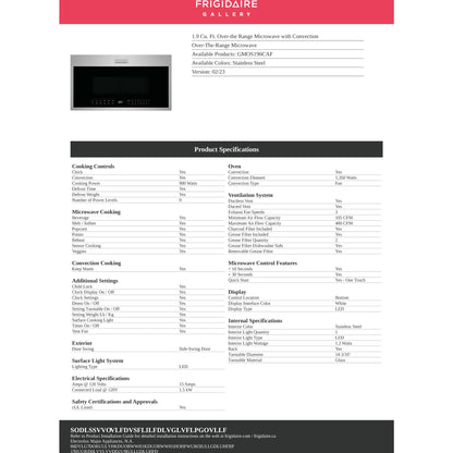 Micro-ondes Frigidaire Gallery OTR (GMOS196CAF) - Acier inoxydable anti-traces