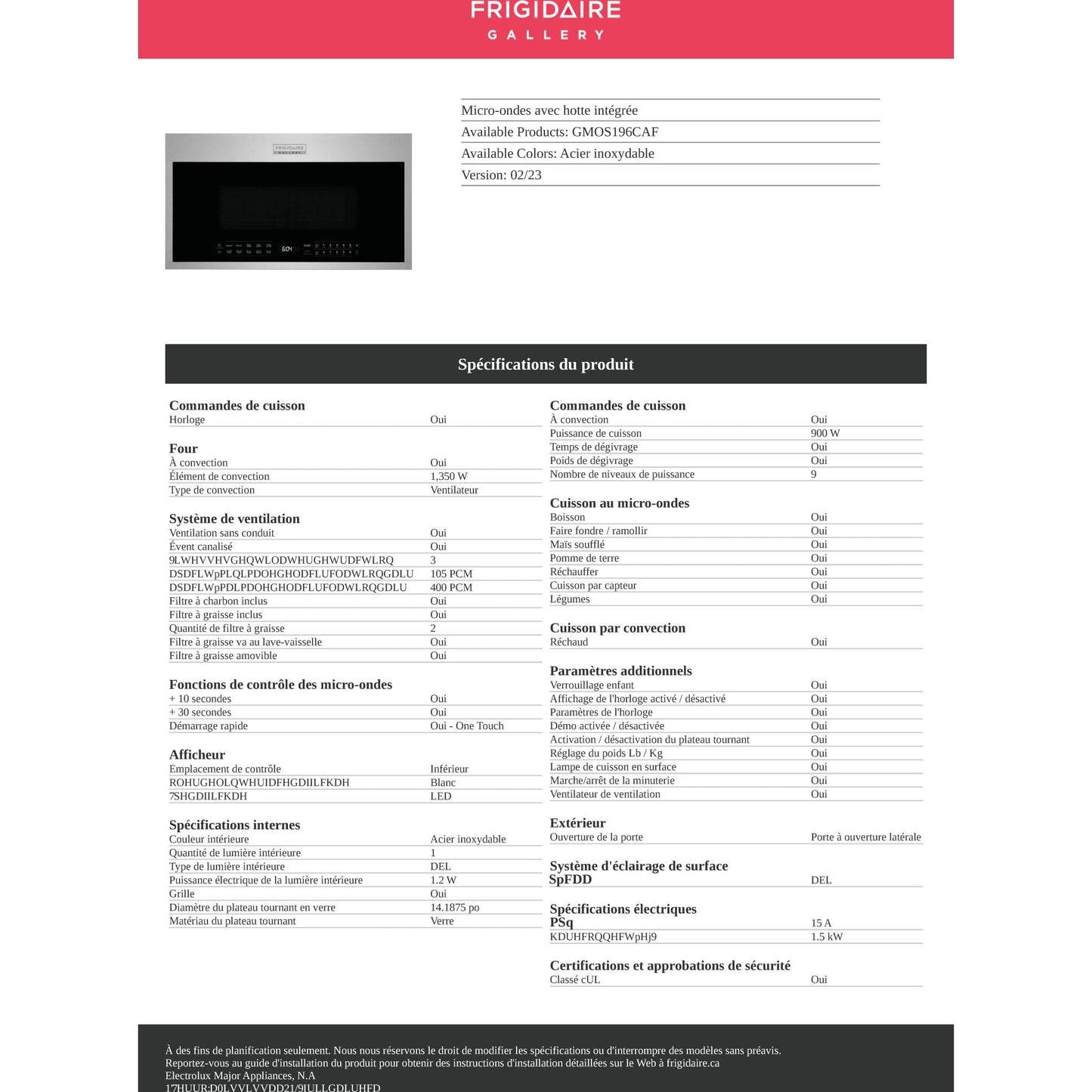 Micro-ondes Frigidaire Gallery OTR (GMOS196CAF) - Acier inoxydable anti-traces