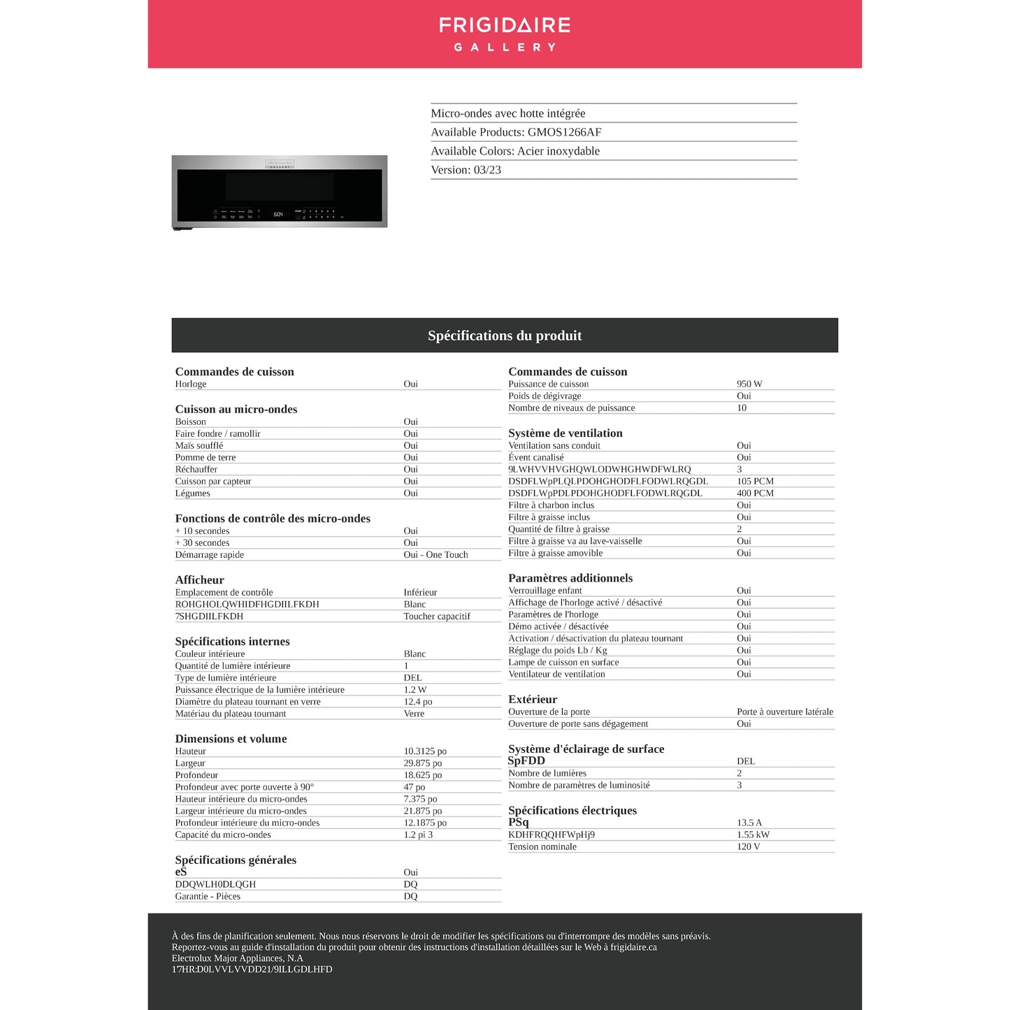 Micro-ondes Frigidaire Gallery OTR (GMOS1266AF) - Acier inoxydable anti-traces