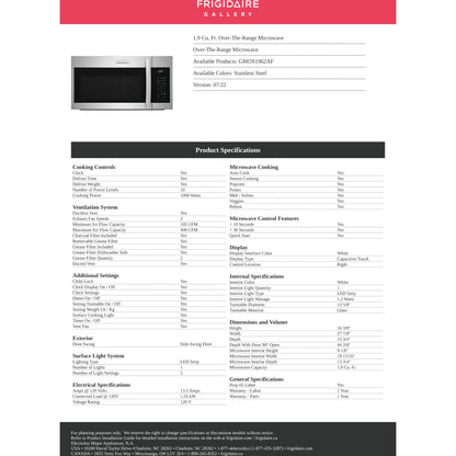 Micro-ondes Frigidaire Gallery OTR (GMOS1962AF) - Acier inoxydable