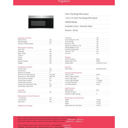 Micro-ondes Frigidaire à hotte intégrée (FMOW1852AS) - Acier inoxydable