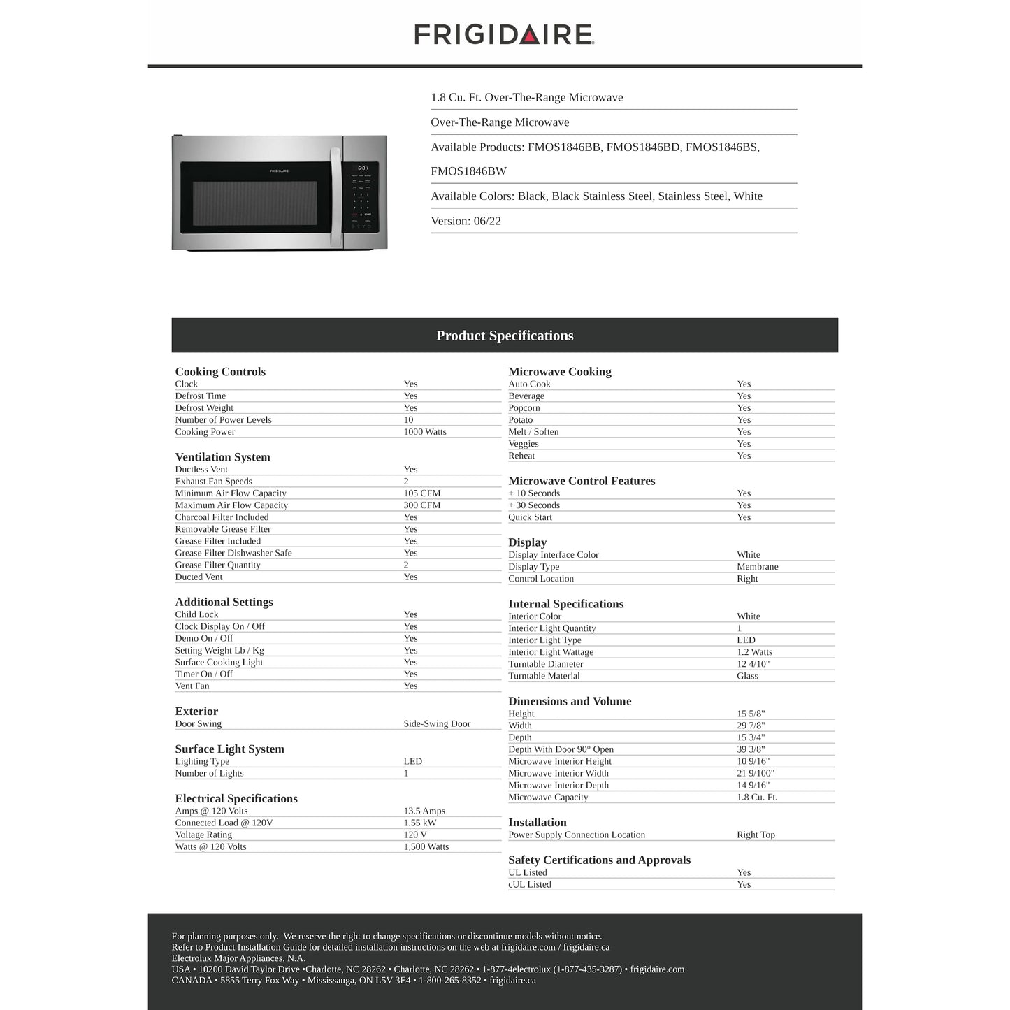 Micro-ondes Frigidaire à hotte intégrée (FMOS1846BS) - Acier inoxydable