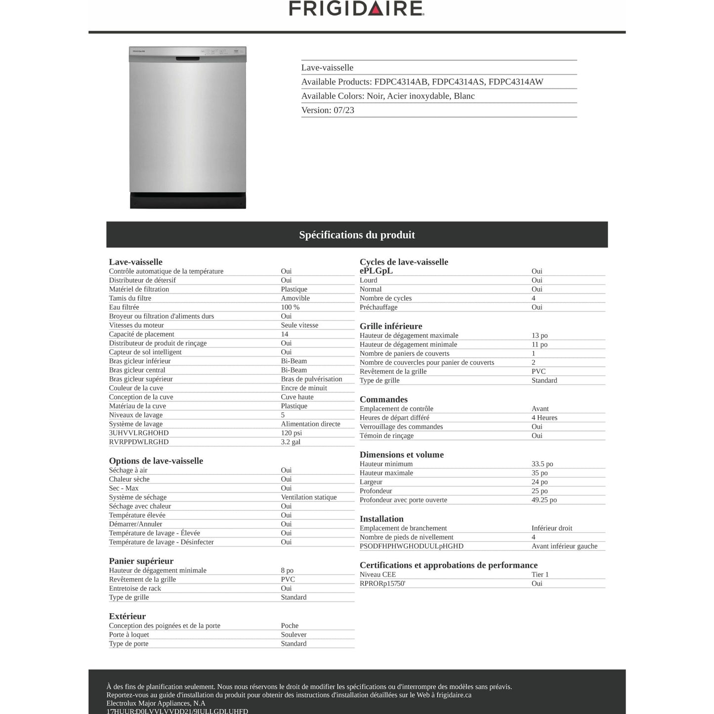 Lave-vaisselle Frigidaire (FDPC4314AW) - Blanc