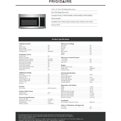 Micro-ondes Frigidaire à hotte intégrée (FMOS1846BW) - Blanc