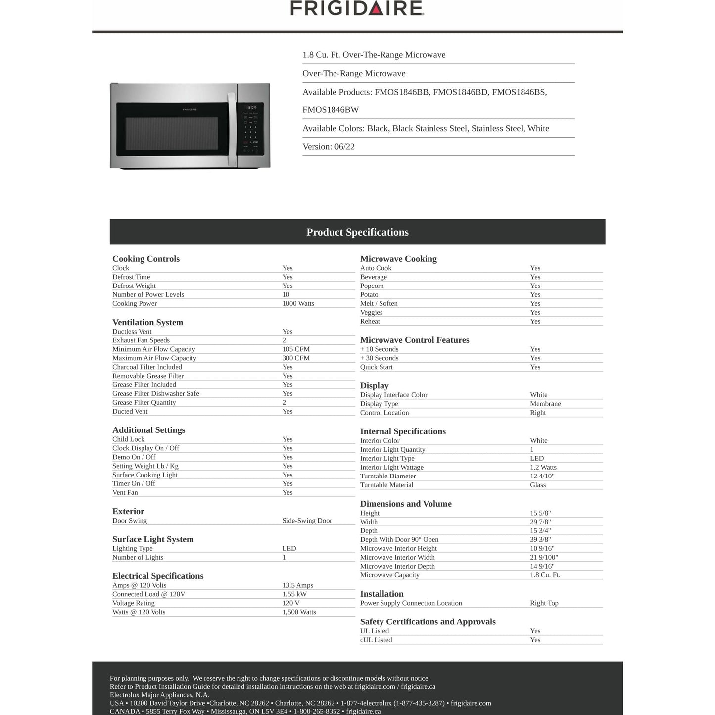 Micro-ondes Frigidaire à hotte intégrée (FMOS1846BD) - Acier inoxydable noir