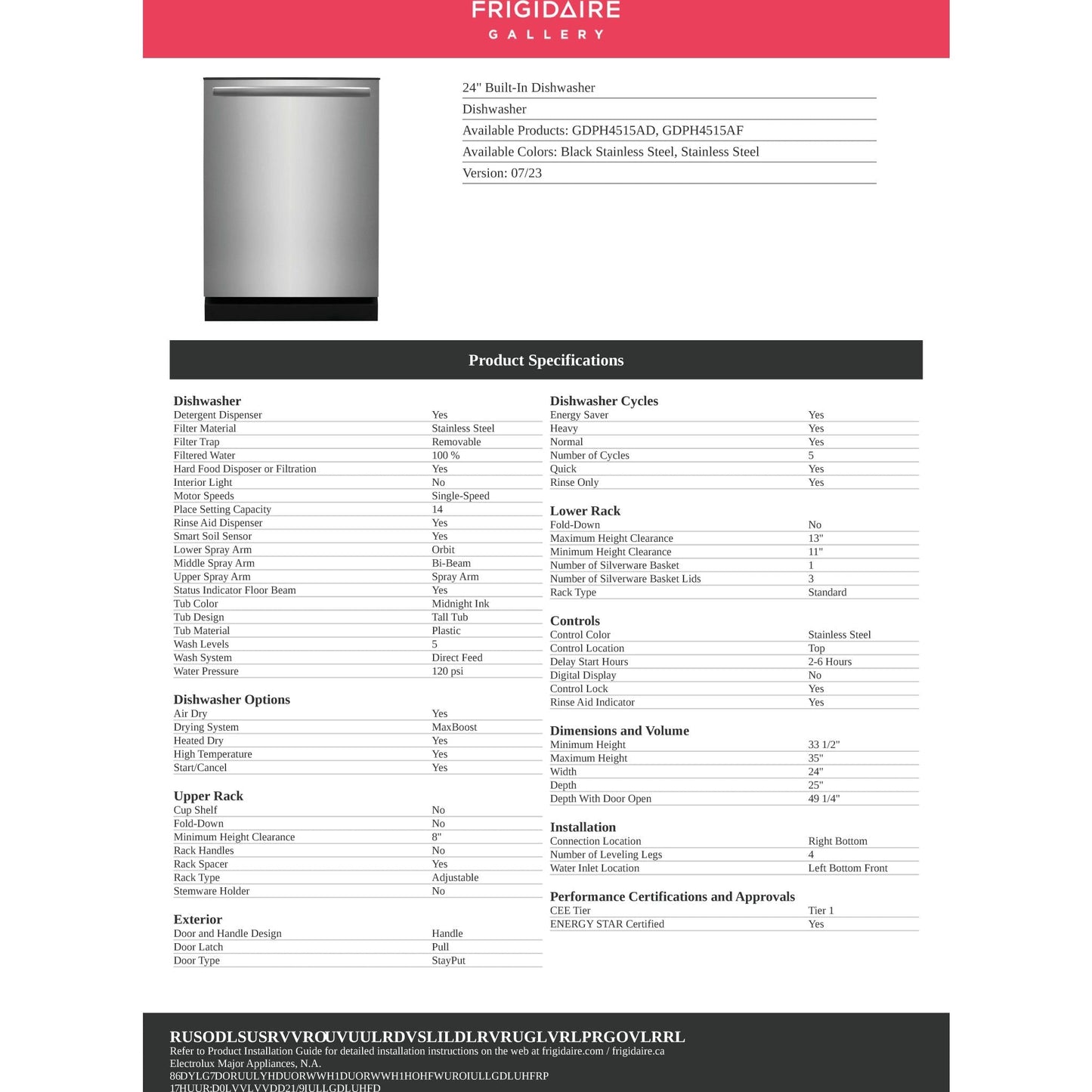 Lave-vaisselle Frigidaire Gallery, cuve en plastique (GDPH4515AF) - Acier inoxydable