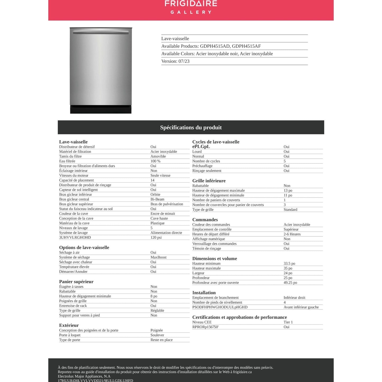 Lave-vaisselle Frigidaire Gallery, cuve en plastique (GDPH4515AF) - Acier inoxydable