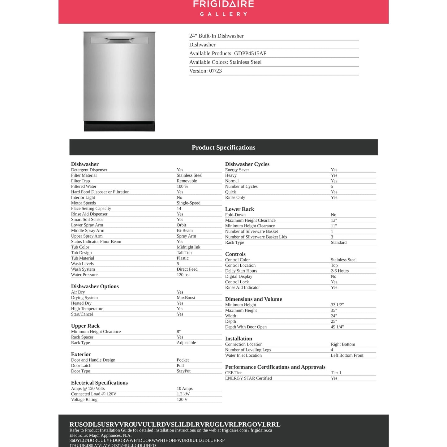 Lave-vaisselle Frigidaire Gallery, cuve en plastique (GDPP4515AF) - Acier inoxydable