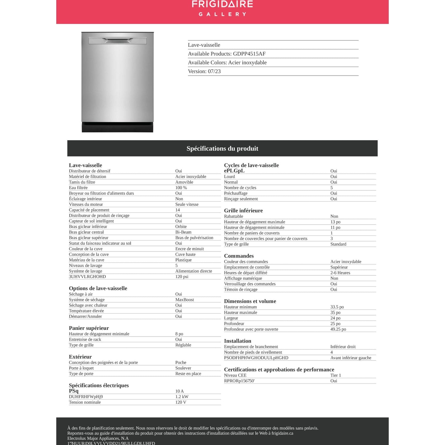 Lave-vaisselle Frigidaire Gallery, cuve en plastique (GDPP4515AF) - Acier inoxydable